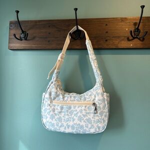 Blue & White Floral Quilted Crossbody Bag - Adjustable Beige Strap